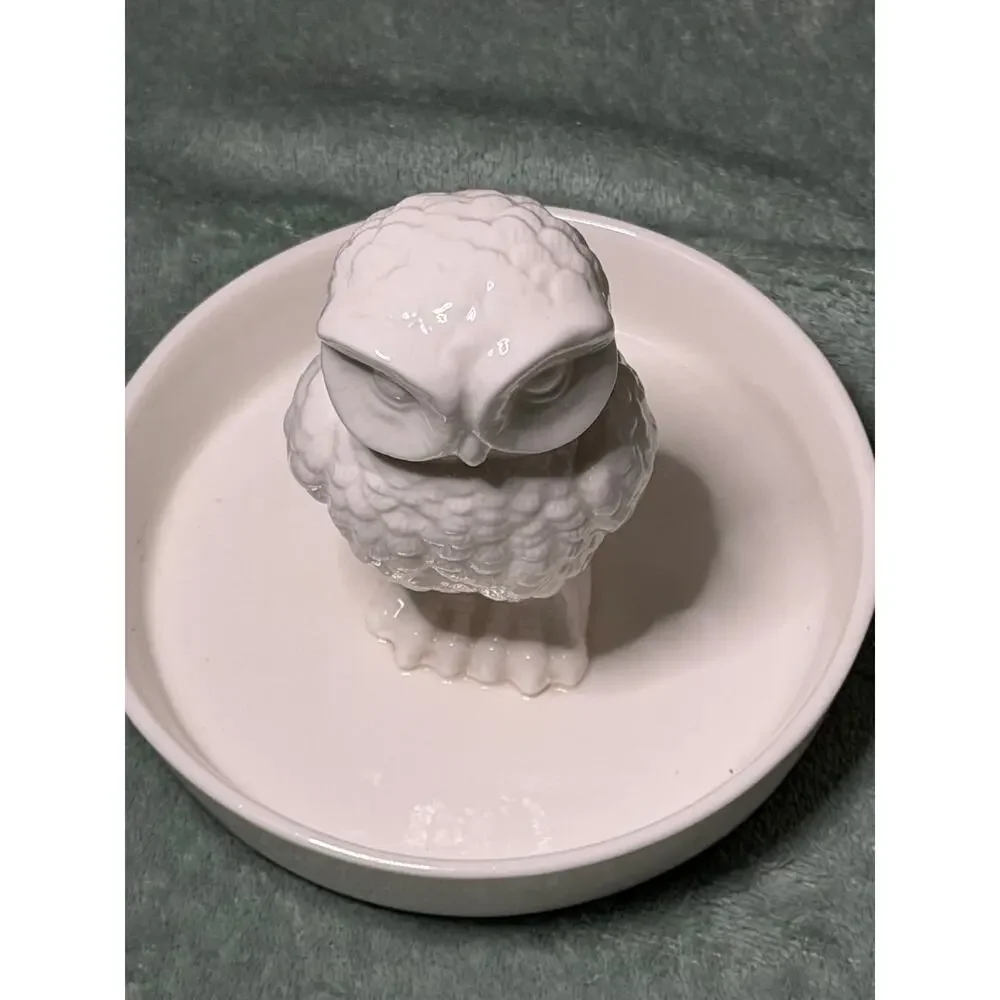White Ceramic Owl Ring Holder Trinket Dish Jewelry Organizer Vanity Decor